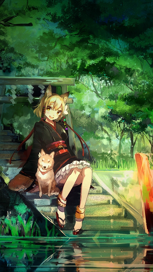 Girl And Dog Green Nature Anime Art Illust